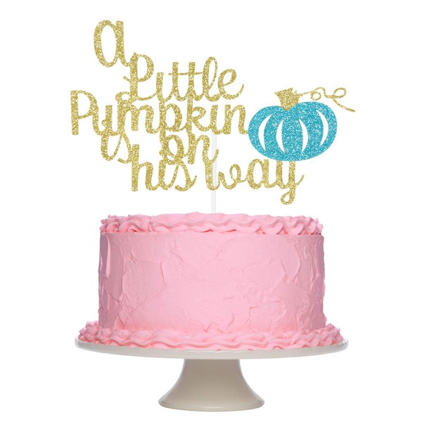 Decoración para tartas de A Little Pumpkin Is On His Way, para fiestas de cumpleaños, color dorado y azul