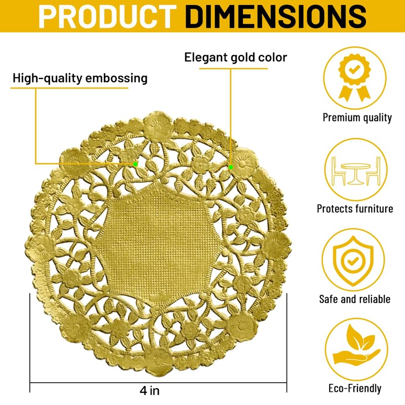 Gold Foil 4 inch Round Paper Lace Table Doilies –