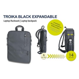 TROIKA Laptop Backpack Daypack Backback Black Expandable with 2 Large Compartments Expandable with Additional Zip - Polyurethane, Tarpaulin - Black Original, black