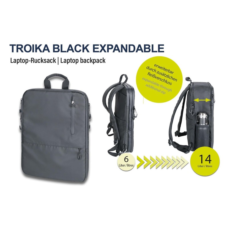 TROIKA Laptop Backpack Daypack Backback Black Expandable with 2 Large