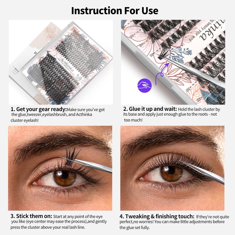 Acthinka DIY Eyelash Extension, 280 Pcs D Curl Cluster Lashes,