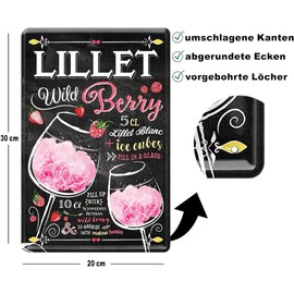 Schilderkreis 24 Tin Signs Cocktail Recipe Decorative Metal Sign for All Bar Counter or Pub Owners Gift for Birthday or Christmas 20 x 30 cm (Lillet Recipe Wild Berry)