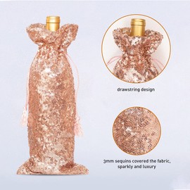 PartyDelight Rose Gold Sequin Wine Gift Bag 4 Pack, Sparkly Beautiful and Reusable for Travel, Wedding, Birthday, Housewarming and Dinner Party.
