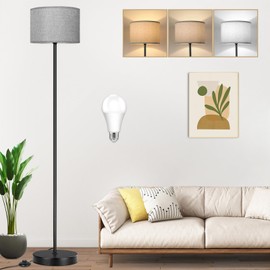 65’’ Tall Floor Lamp for Bedroom, Living Room Pole Floor Light with Grey Shade, Dimmable Standing Floor Lamp with 3-Color Changing LED Bulbs, Simple Design E26 Stand-up Floor Lamp with Foot Switch