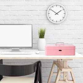 Cash Box with Money Tray and TOP Key & Push-Button Lock, Money Saving Lock Box, Safe Locking Box for Cash Register XL 11.8"x9.45"x3.54" Pink