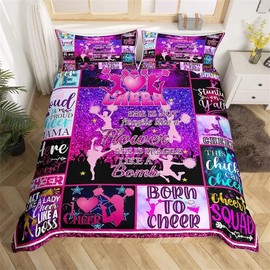 feelingyou Cheerleader Bedding Set, Girls Dance Purple Bedding Set, 135 x 200 cm, Stylish Checker Bed Set for Children, Boys, Girls, Teenagers, 2 Pieces, Zip, Microfibre