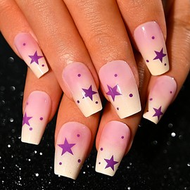 Sethexy Coffin Purple Press on Nail Medium Long - Yellow Gradient, Y2K Star, Polka Dots Design Acrylic False Nail for Women 15 Sizes - 30 Pcs Nail Kit with Glue