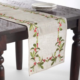 SARO LIFESTYLE QX653.N1690B Holiday Collection Embroidered Holly Design Table Runner, 16" x 90", Natural