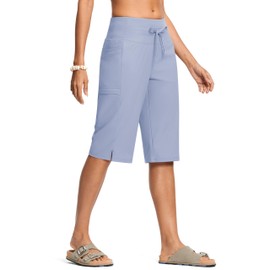 ISEEGZ Women's Swim Capris Pants 15" High Waist Tummy Control Quick Dry UPF 50+ Long Board Shorts with Liner and Pockets Light Blue 3XL