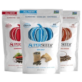 SuperSeedz Dry Roasted Pumpkin Seeds - Sea Salt, Somewhat Spicy, Cinnamon Sugar, Pepitas, Vegan, Paleo, Healthy Snacks, 8g Plant Based Protein, Produced in USA, Dairy Free, Nut Free, Gluten Free Snack (5oz, 3-pack)