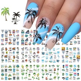 Summer Nail Art Stickers Water Transfer Summer Nail Decals for Nails Art Supplies Coconut Tree Ocean Beach Tropical Style Design Acrylic Nail Stickers for Women DIY Nail Art Accessories 12 Sheets