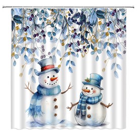 CCXTCZ Christmas Snowman Shower Curtain Cute Blue Snowman Eucalyptus Leaf Xmas Winter Holiday Fabric Bathroom Decor Curtains with Hooks,Blue White