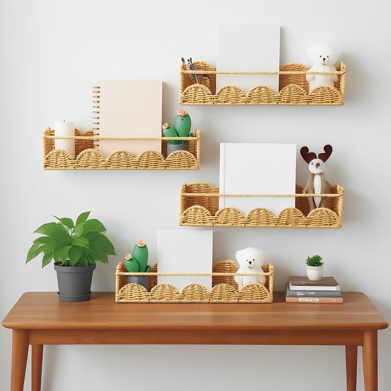 Pinkunn 4 Pcs Scalloped Rattan Wall Shelves Boho Floating Rattan