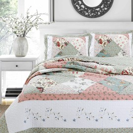 Cozy Line Home Fashions Floral Real Patchwork Green Peach Scalloped Edge Country 100% Cotton Quilt Bedding Set, Reversible Coverlet Bedspread (Celia, Twin - 2 Piece)