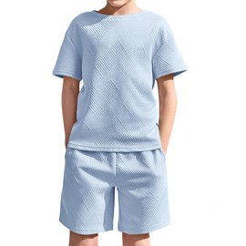 Haloumoning Boys 2 Piece Summer Outfits Short Sleeve Tshirts and Elastic Waist Shorts Casual Texture Sets