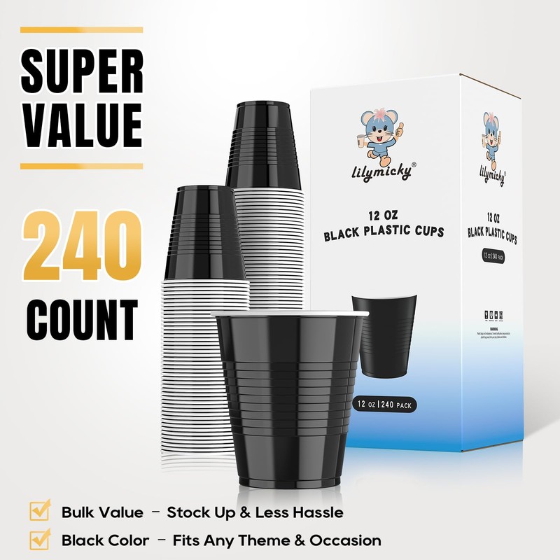 240 Pack 12 oz Black Plastic Cups, Disposable Party Plastic