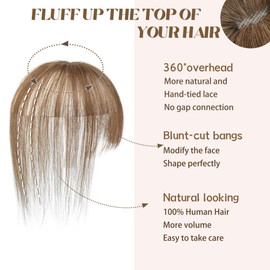 viviaBella Hair Toppers, Clip in Bangs Real Human Hair with high cranial top for volume Light and airy French bangs for women for Daily Wear (Light Brown, 3D French Bangs 1.57"X2.36")