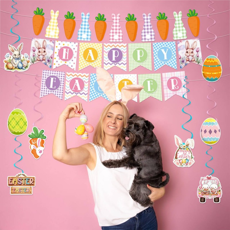 Happy Easter Banner Easter Decorations Bunny Easter Banner Garland Egg