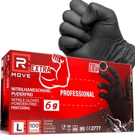 R MOVE 100 Disposable Gloves, Black, Nitrile Gloves, Extra Durable, Disposable Gloves + 60% Thickness, 6 g, Powder-Free & Latex-Free, Disposable Gloves for Mechanics, Tattooists, Beauticians (L)