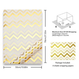 Elegant All Occasion White/Gold Premium Foil Birthday Wrapping Paper Flat Sheets (4-Sheets, 4-Designs: 15 sq. ft. ttl)- White Gold Star, Waves, Polka dot, Stripe Great for Birthday Graduation Wedding Bridesmaid Gift Wrap