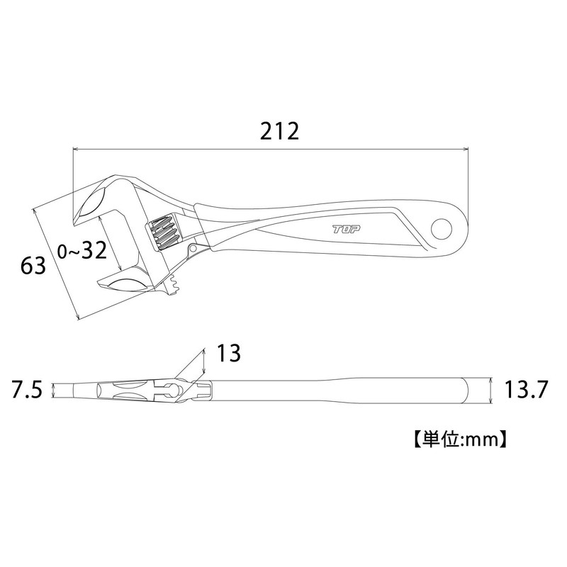 TOP HM-32MGBK Monkey Wrench, Work Wide, Open Mouth 0-32mm, Grip