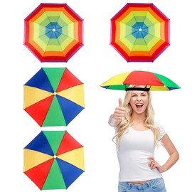 yotutun Pack of 4 Umbrella Hats, Rainbow Umbrella Hat, Foldable Parasol Hat with Elastic Bands, Head Umbrella for Decoration, Costume, Golf, Cycling, Fishing, Beach, Gardening, Colourful