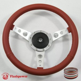 FLASHPOWER 15" Polished Classic Burgundy Wrapped Steering Wheel 9 bolt with Horn Button