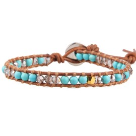 KELITCH Turquoise Beads Wrap Bracelet Natural Leather Adjustable Bracelets Crystal Beads Strand Bracelets, 水, 0
