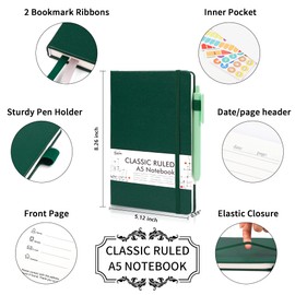 feela 3 Pack Notebooks Journals Bulk with 3 Black Pens, A5 Hardcover Notebook Classic Ruled Lined Journal Set with Pen Holder for Work Business Journaling Note Taking, 120 GSM, 5.1”x8.3”, Dark Green