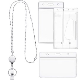 Zonon Retractable Badge Reel Lanyard with ID Holder for Women, Cruise Lanyard Stainless Steel Necklace with 3 Pieces Name Badge Holder Clip for Teacher (Silver,43 Inches)