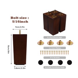 Couch Legs for Furniture Set of 4, Pyramid Square Wooden Furniture Legs 6 Inch, Mid Century Modern Brown Color Sofa Legs Replacement for Ottoman, Chair, Dresser, Coffee Table, Armchair, Settee