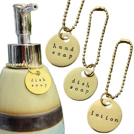 3 Piece Soap Dispenser Labels - Hand, Dish & Lotion Bottle Tag Set - Hand-Stamped Brass or Aluminum, SIlver or Gold Color - Guest Bathroom & Kitchen Organization (Hand, Dish, Lotion (BRASS))