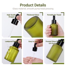 Segbeauty 2oz Small Frosted Glass Dropper Bottle, 2 Pack 60ml Green Travel Glass Eye Dropper Bottles for Essential Oils Bottles Empty, Mini Liquid Travel Containers Refillable with Transfer Tool