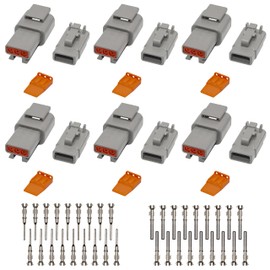 Deutsch DTM Grey 3 Pin Connectors 6 Sets, Waterproof Electrical Wire Connector with Stamped Contacts and Seal Plug for Truck, Off-Road Vehicles, Construction, Agriculture, Marine, Motorcycle Wiring