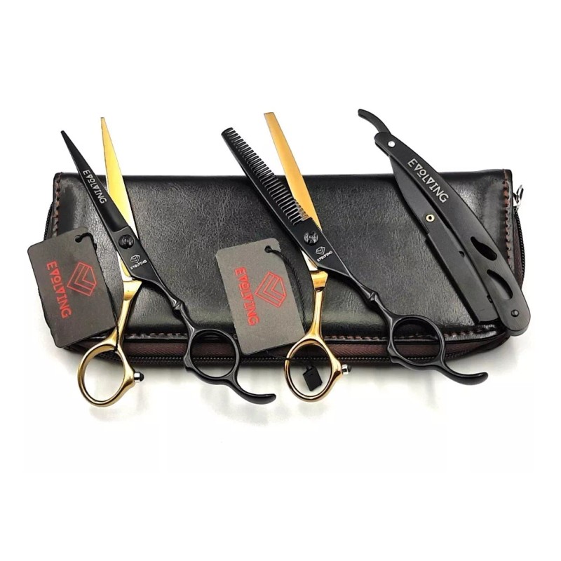 EVOLVING Kit Tijeras Profesional Japones Negro-dorado Barberia
