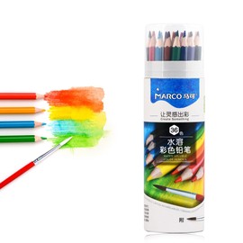 Marco Water Soluble Colored Pencils, Set of 36 Watercolor Pencils, 6 Axis, Water-based, Children, Colored Pencils, Wooden Colored Pencils, with Bristle Brush, Petite Gift Sketch, Illustration Doodle,