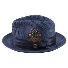 MONTIQUE Braided Pinch Fedora Hat for Men | Lightweight Polyester Summer Panama Hat Trendy Design | L, Navy H-24
