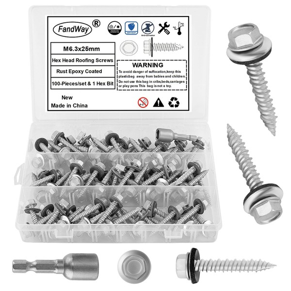 FandWay 100Pcs Sheet to Timber Roofing Screws,M6.3x25mm Self Tapping/Drilling Screws,Hex