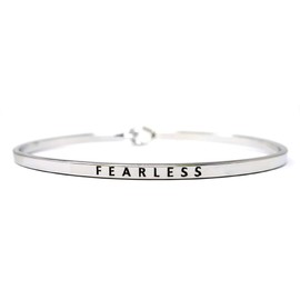 by you Inspirational Fearless Message Engraved Thin Cuff Bangle Hook Bracelet (Fearless-Silver, Brass)