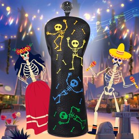 Big Teeth Golf Club Head covers Fairway Wood FW with Interchangeable Number Tag 3457X Balck PU Leather Colorful Skull Pattern Elastic Closure