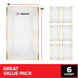 (6 Pcs) Premium White and Gold Plastic Serving Tray, Plastic Serving Platter Disposable, White Rectangle Party Trays and Platters for Fruit, Dessert, Cookies, Appetizers, Holiday Parties