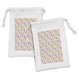 Ambesonne Owls Fabric Pouch Set of 2, Lilies Popies and Daisies Lively Colored Nostalgic Characters Design, Small Drawstring Bag for Toiletries Masks and Favors, 9" x 6", Multicolor