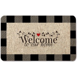VAKADO Fall Outdoor Welcome Door Mat for Front Door Entrance Classroom Farmhouse Doormat Non-Slip Rubber Backing Autumn Entrance Rug Easy to Clean 17x29 Inch,Black White Buffalo Check Plaid