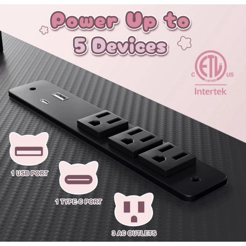 Dowinx 43” Black L-Shaped Gaming Desk w/ Built-in Power Outlets