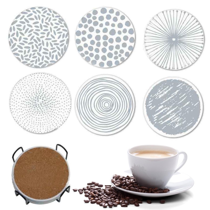 6Pcs Drink Coasters with Iron Holder, Cork Base, Ceramic Round