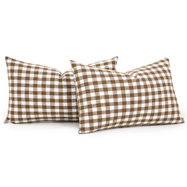 CARRIE HOME Buffalo Plaid Lumbar Pillow Covers 12x20 Set of 2, Khaki and White Gingham Check Lumbar Pillows, Outdoor Farmhouse Checkered Pillow Covers for Patio Furniture (No Pillow Inserts)