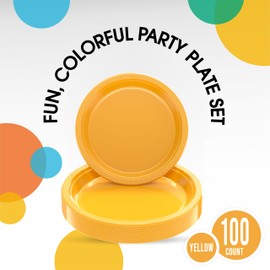 Exquisite 9 & 7 Inch. Dinner Plate Combo 100 Pack Yellow Plastic Plates Disposable, 50-7 Inch Dessert Plates & 50-9 Inch Dinner Plates Yellow Plate Set, Plastic Plates For Party, Party Plates