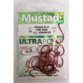 Mustad Drop Shot Octopus Hooks # 1 Fine Wire Ultrapoint 92604NP Red QTY 25