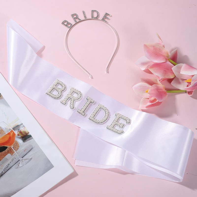 Bride Sash White Pearls Rhinestones Bride Sash with Headband Bachelor