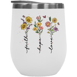 Make Your Mark Design Faith Hope Love with Hand Drawn & Watercolor Flowers Art Merch Gift, White 12oz Wine Tumbler